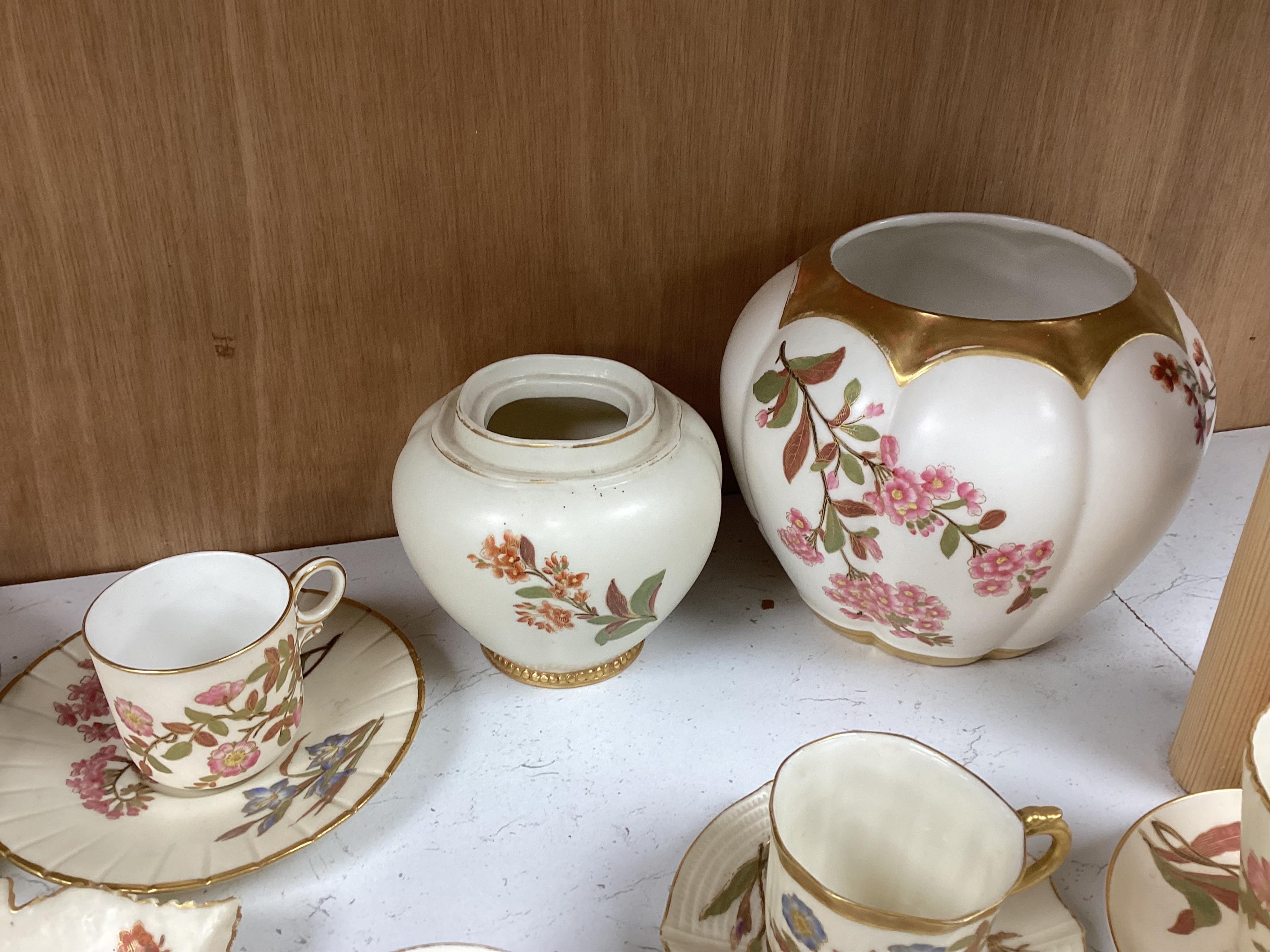 A collection of 19th century Worcester blush ivory to include a pair of gilt plates, various cups and saucers and a jar